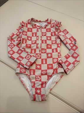 Red & Cream Checkered Long Sleeve Girls Swimsuit